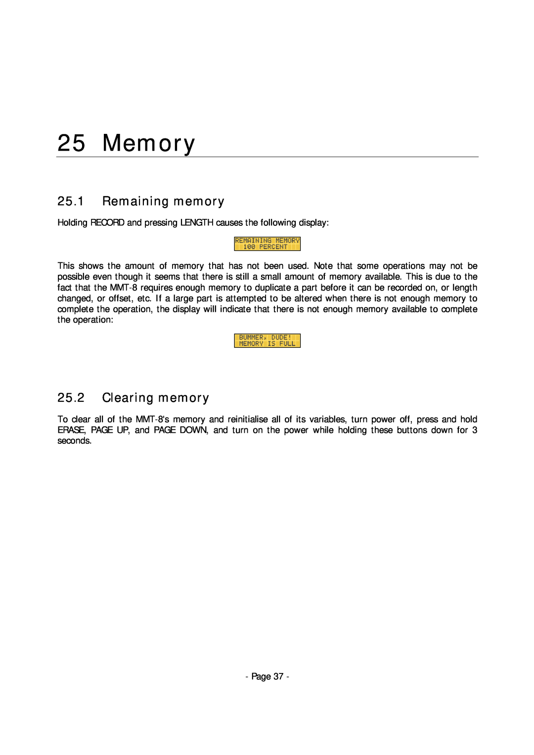 Alesis MMT-8 manual Memory, 25.1Remaining memory, 25.2Clearing memory 