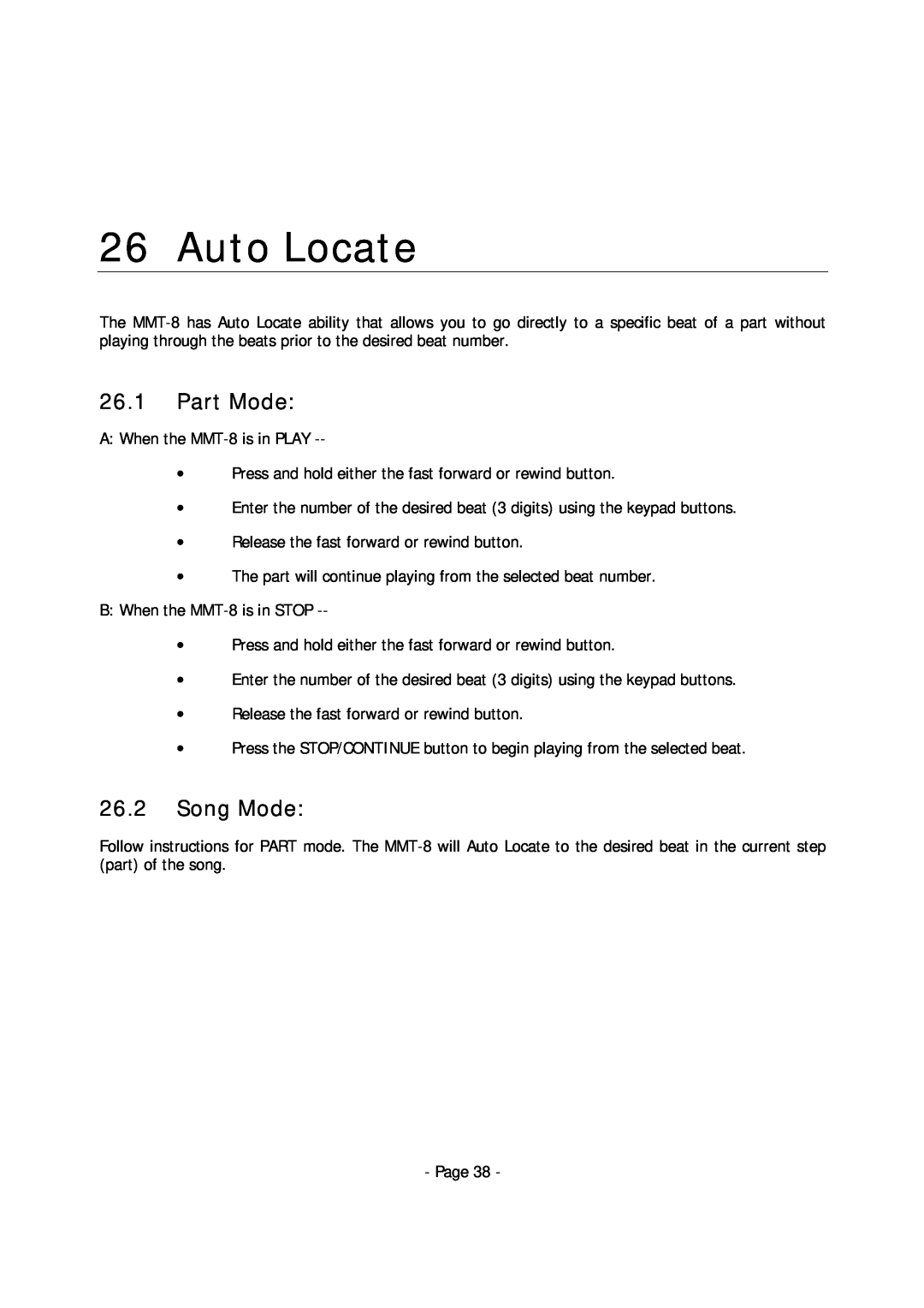 Alesis MMT-8 manual Auto Locate, 26.1Part Mode, 26.2Song Mode 