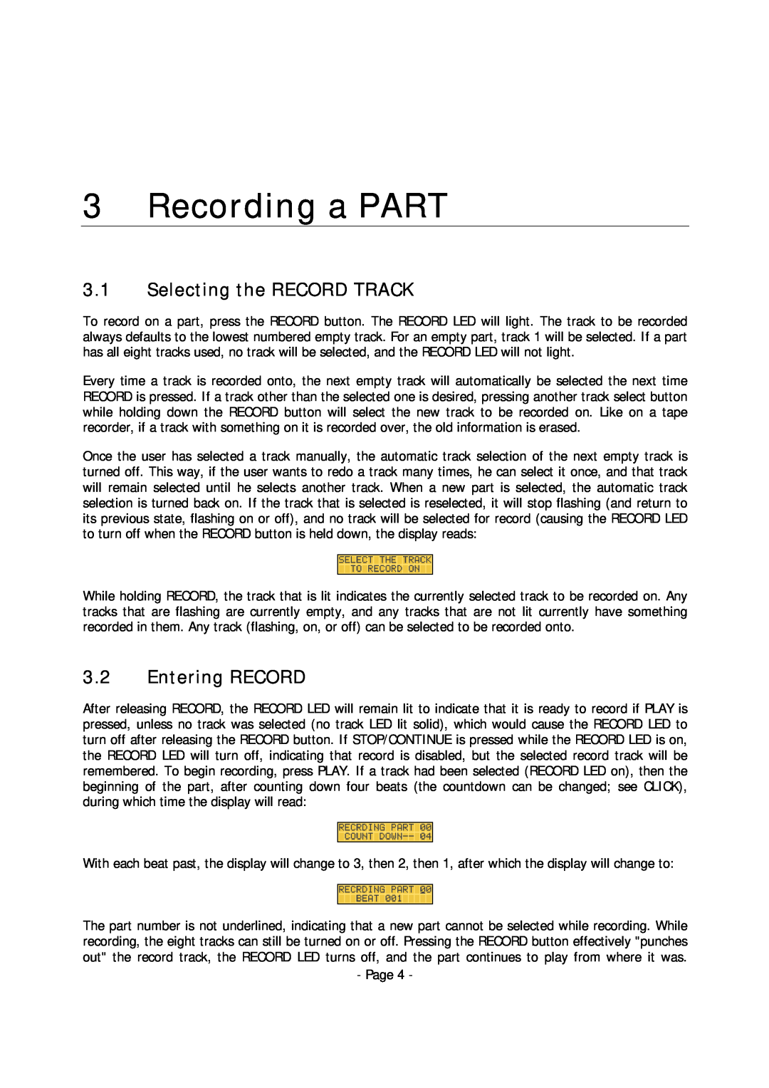 Alesis MMT-8 manual Recording a PART, 3.1Selecting the RECORD TRACK, 3.2Entering RECORD 