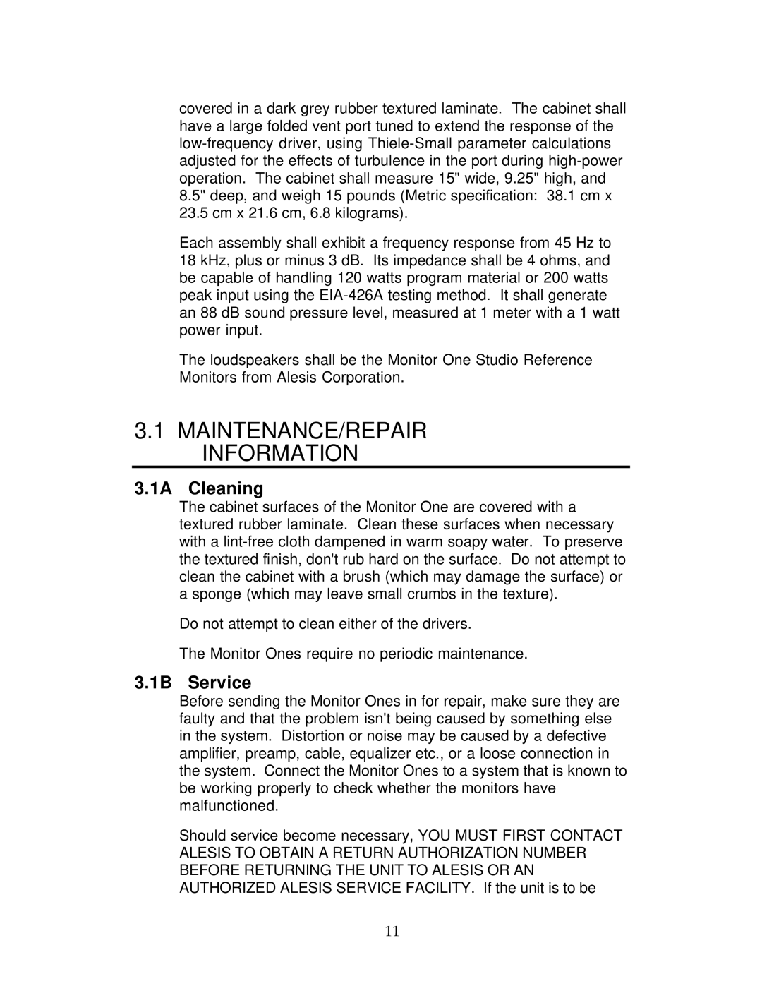 Alesis Monitor One manual MAINTENANCE/REPAIR Information, 1A Cleaning 