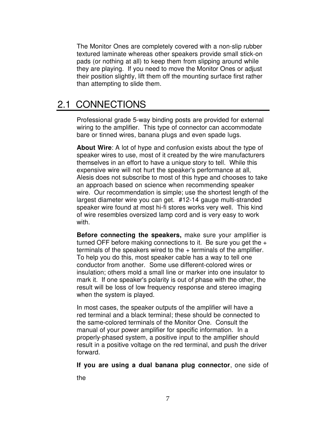 Alesis Monitor One manual Connections, If you are using a dual banana plug connector, one side 