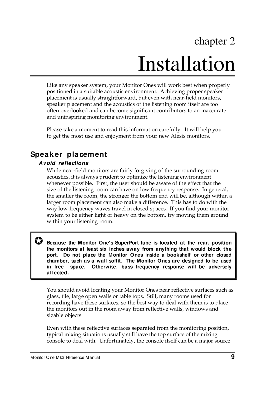 Alesis MONITORONEMK2 manual Speaker placement, Avoid reflections 