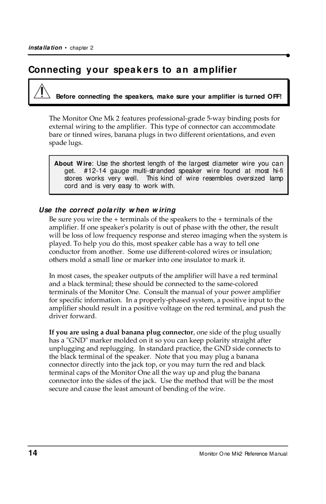 Alesis MONITORONEMK2 manual Connecting your speakers to an amplifier, Use the correct polarity when wiring 