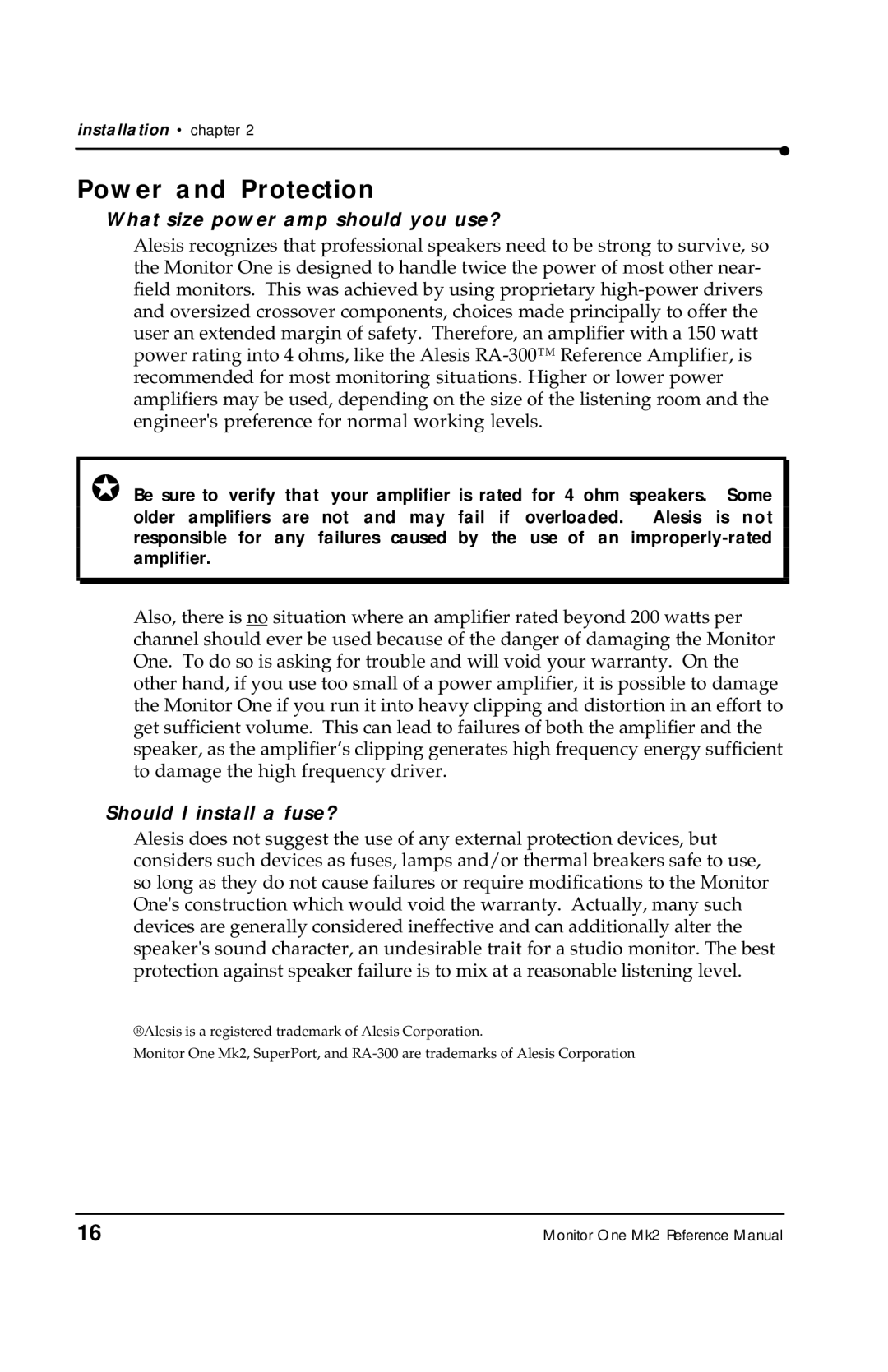Alesis MONITORONEMK2 manual Power and Protection, What size power amp should you use?, Should I install a fuse? 