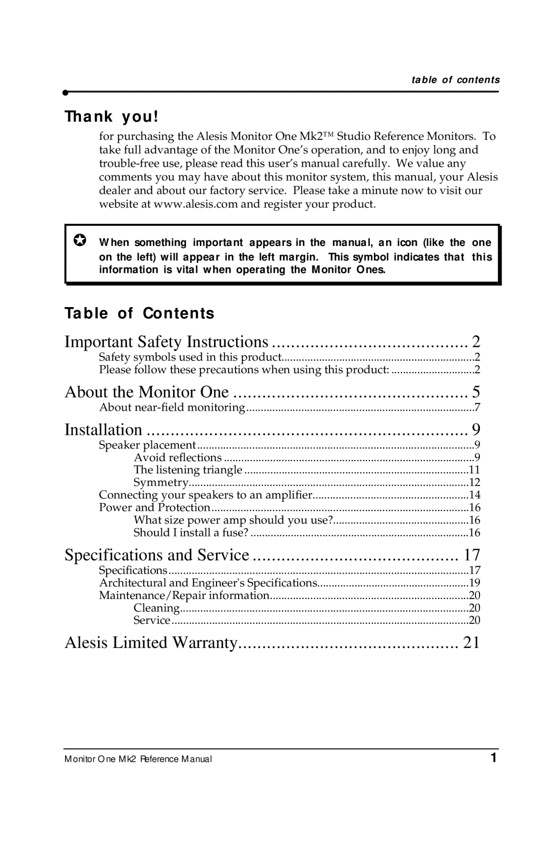 Alesis MONITORONEMK2 manual Thank you, Table of Contents 