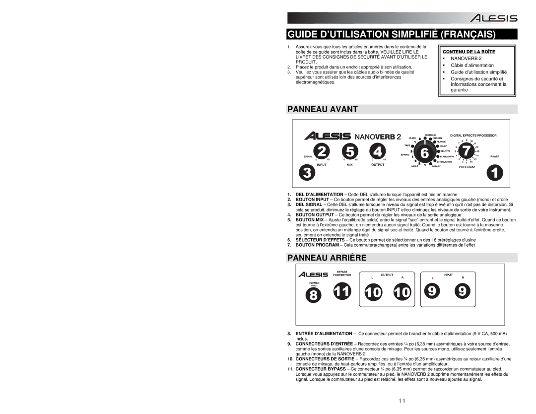 Alesis NANOVERB-2 quick start Guide D’UTILISATION Simplifié Français, Panneau Avant, Panneau Arrière, Contenu DE LA Boîte 