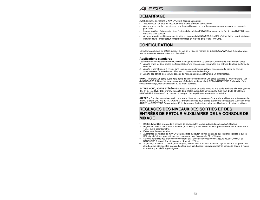 Alesis NANOVERB-2 quick start Démarrage, Configuration, Applications standards 