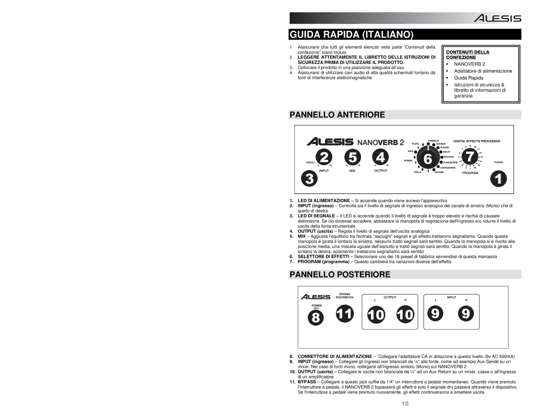 Alesis NANOVERB-2 quick start Guida Rapida Italiano, Pannello Anteriore, Pannello Posteriore, Contenuti Della Confezione 