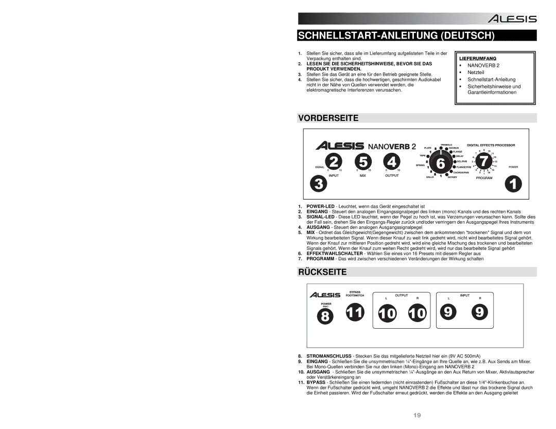 Alesis NANOVERB-2 quick start SCHNELLSTART-ANLEITUNG Deutsch, Vorderseite, Rückseite, Lieferumfang 