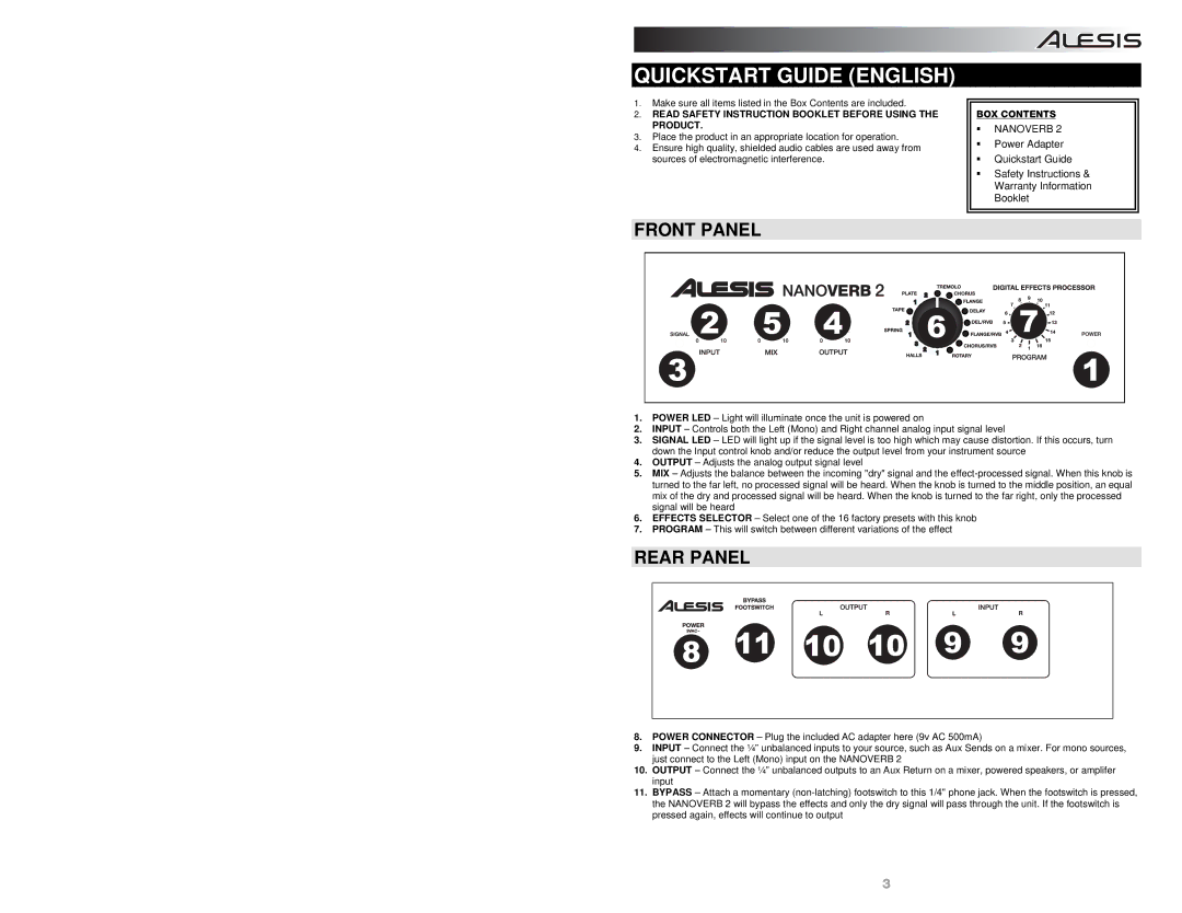 Alesis NANOVERB-2 quick start Quickstart Guide English, Front Panel, Rear Panel, BOX Contents 