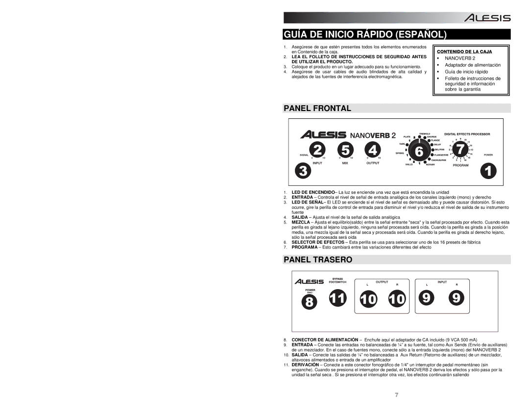 Alesis NANOVERB-2 quick start Guía DE Inicio Rápido Español, Panel Frontal, Panel Trasero, Contenido DE LA Caja 