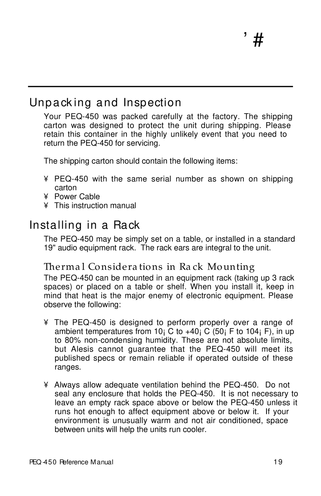 Alesis PEQ-450 manual Unpacking and Inspection, Installing in a Rack, Thermal Considerations in Rack Mounting 