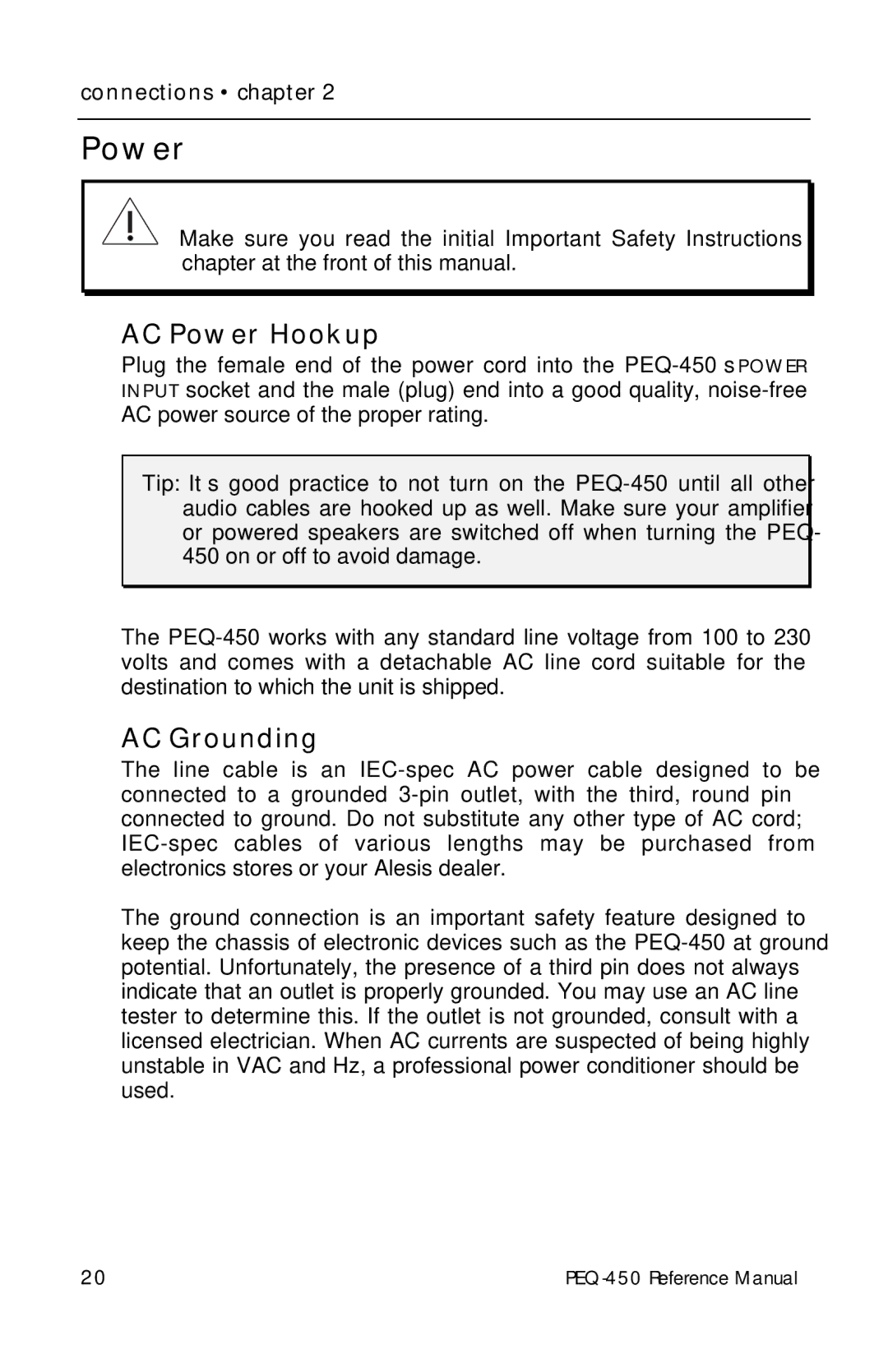 Alesis PEQ-450 manual AC Power Hookup, AC Grounding 