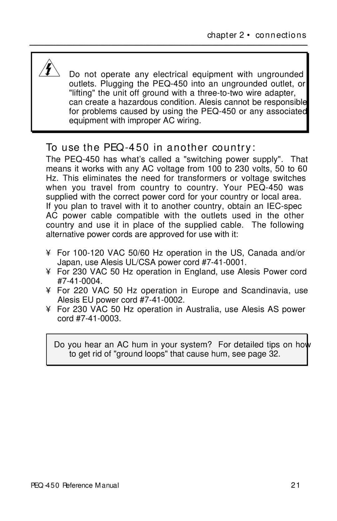 Alesis manual To use the PEQ-450 in another country, Connections 