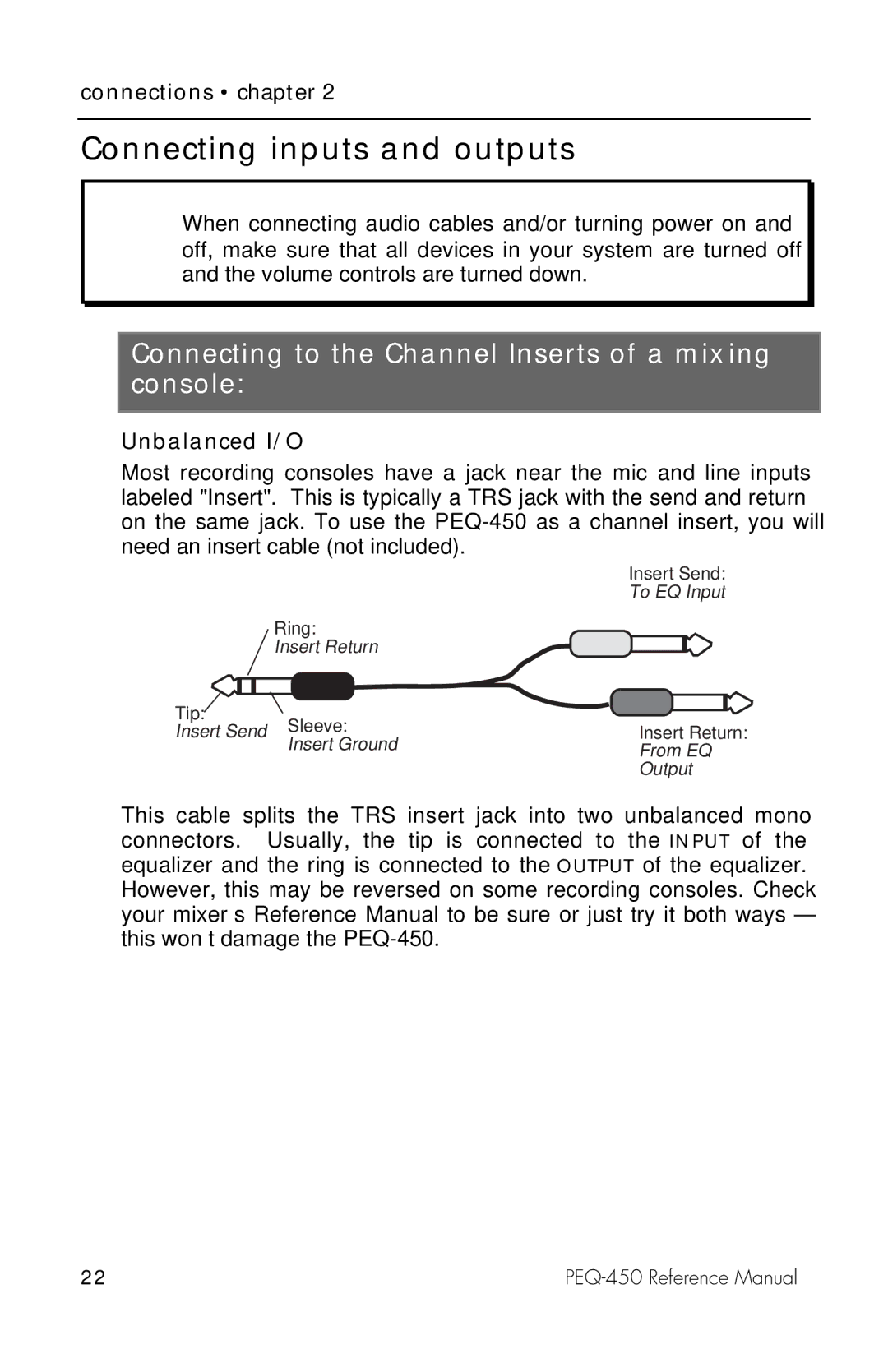 Alesis PEQ-450 manual Connecting inputs and outputs, Connecting to the Channel Inserts of a mixing console 