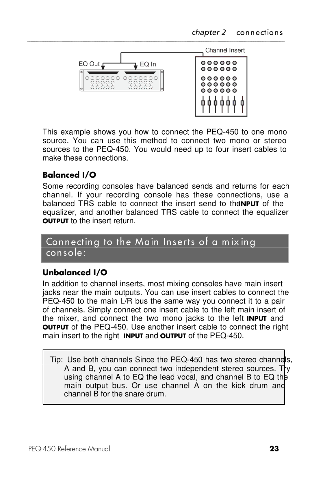 Alesis PEQ-450 manual Connecting to the Main Inserts of a mixing console, Balanced I/O 