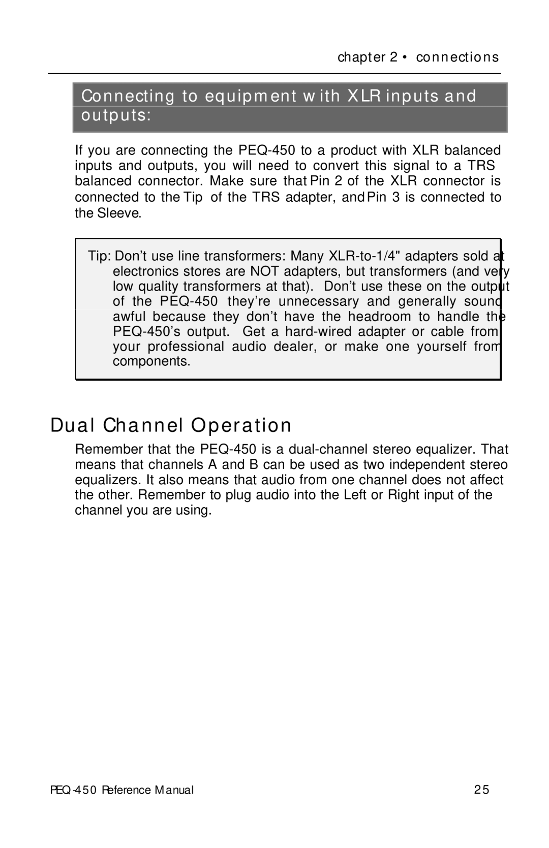 Alesis PEQ-450 manual Dual Channel Operation, Connecting to equipment with XLR inputs and outputs 