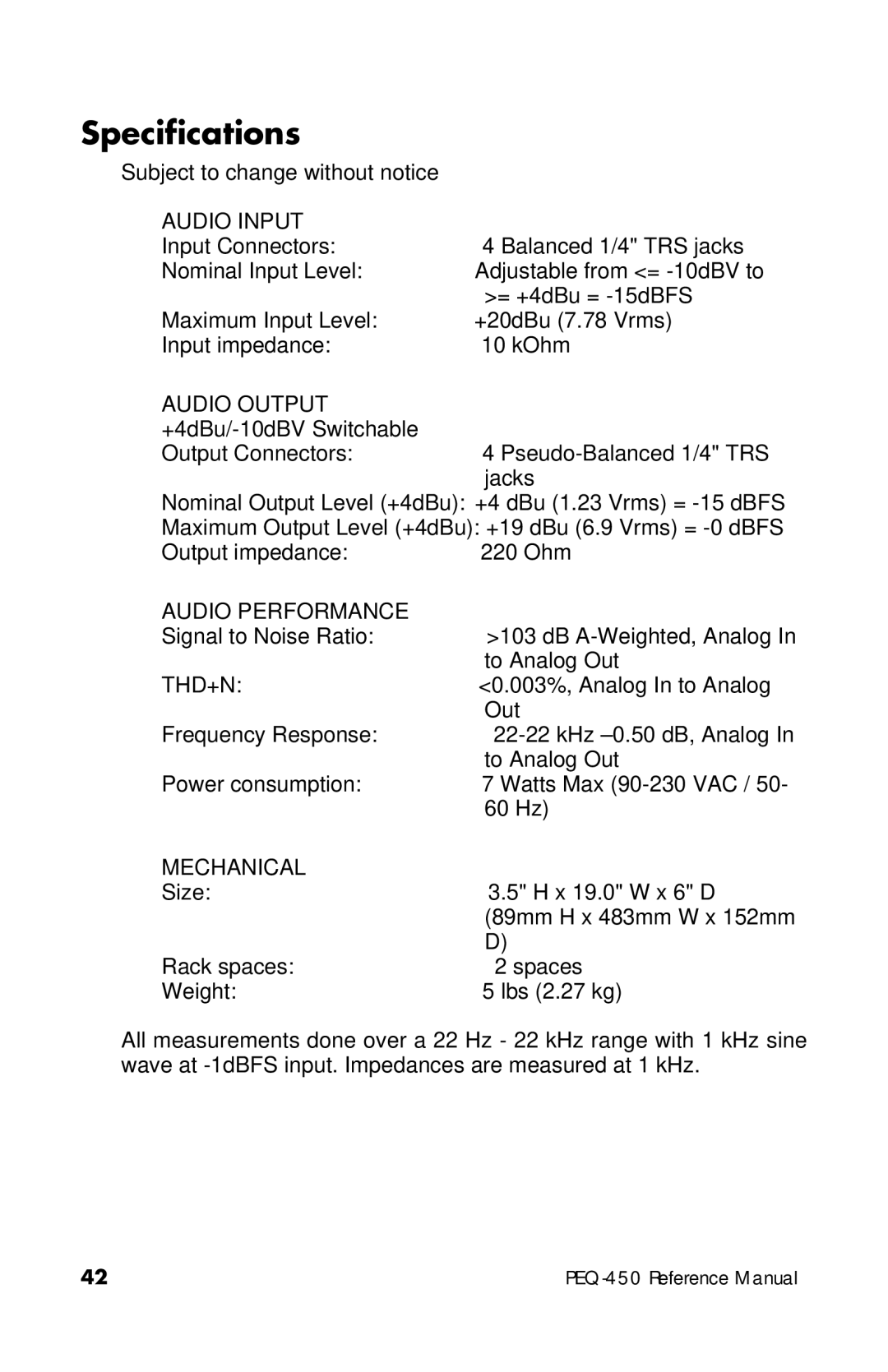 Alesis PEQ-450 manual Specifications, Audio Input 