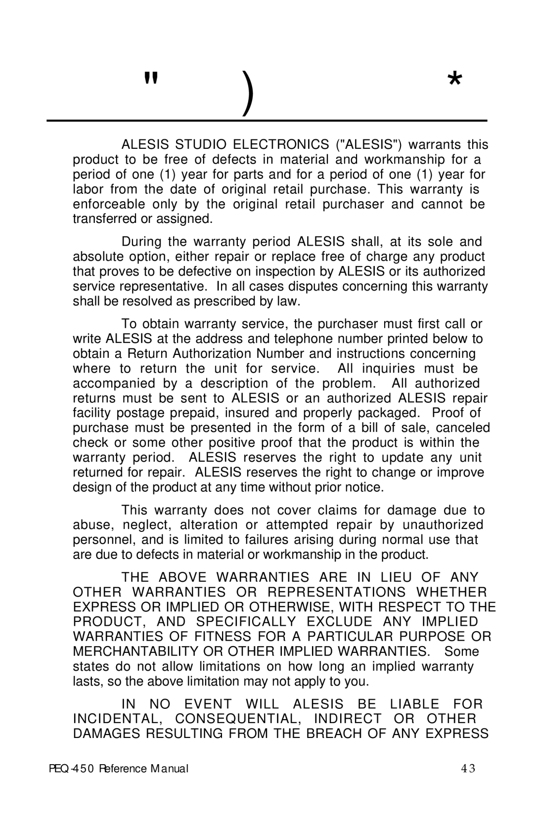 Alesis PEQ-450 manual Alesis Limited Warranty 