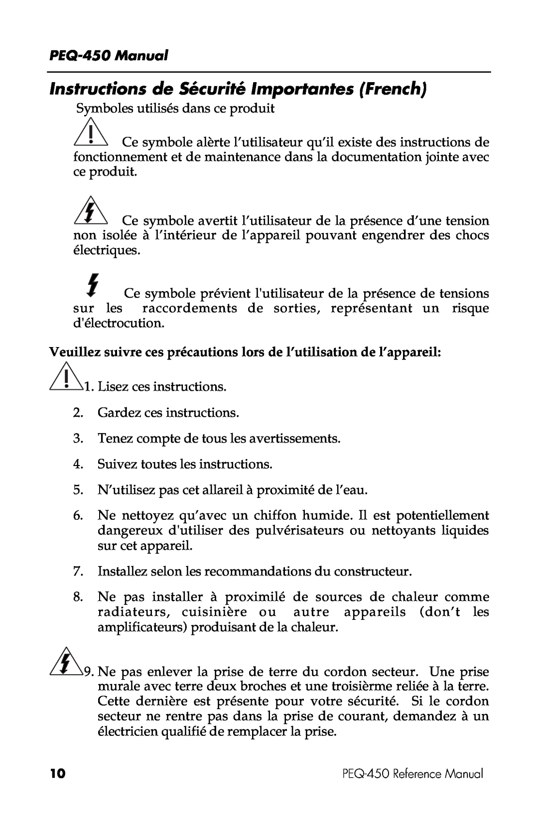 Alesis PEQ-450 manual Instructions de Sécurité Importantes French 