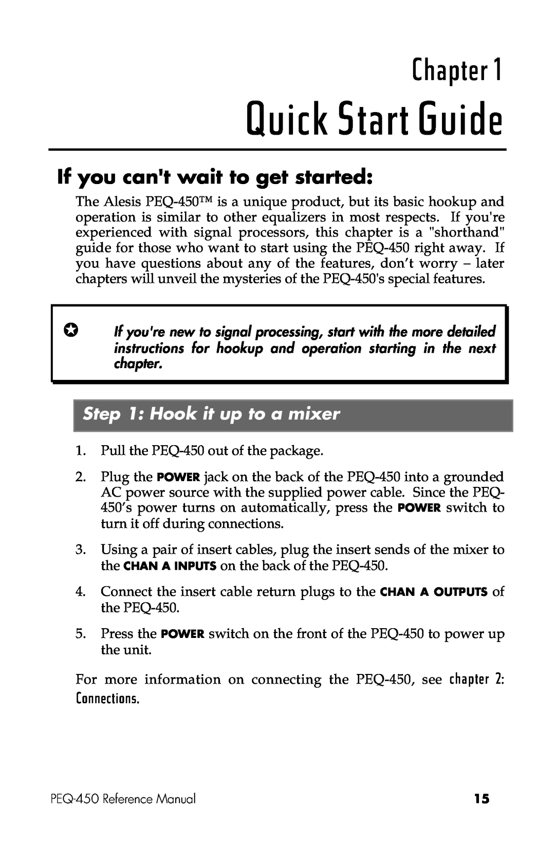 Alesis PEQ-450 manual Quick Start Guide, Chapter, If you cant wait to get started, Hook it up to a mixer, Connections 