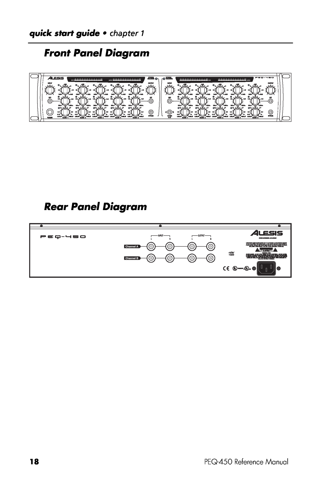 Alesis manual Front Panel Diagram, Rear Panel Diagram, PEQ-450Reference Manual 