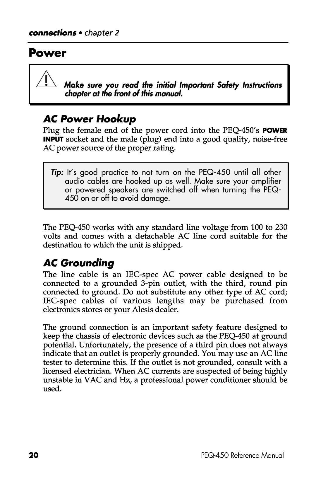 Alesis PEQ-450 manual AC Power Hookup, AC Grounding 