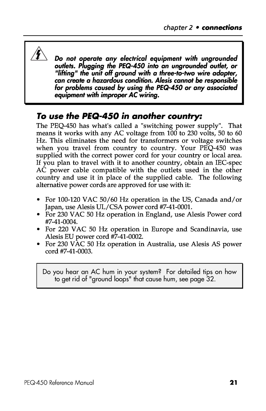 Alesis manual To use the PEQ-450in another country, connections 