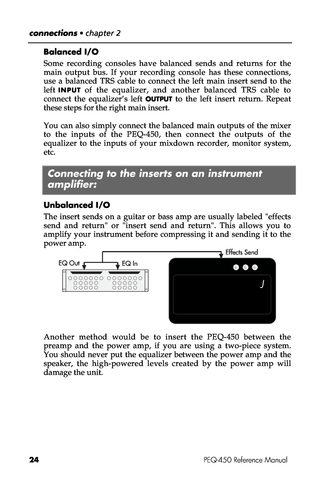 Alesis manual Balanced I/O, Unbalanced I/O, EQ Out, Effects Send EQ In, PEQ-450Reference Manual 