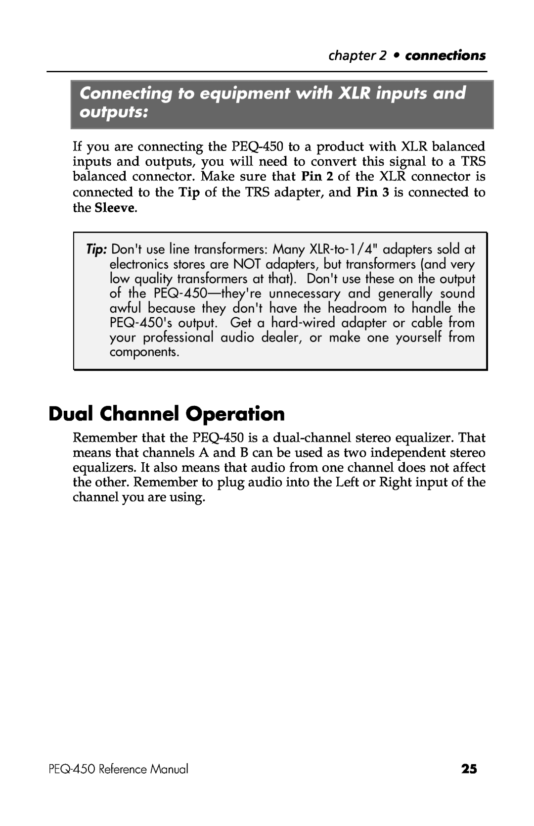 Alesis PEQ-450 manual Dual Channel Operation 