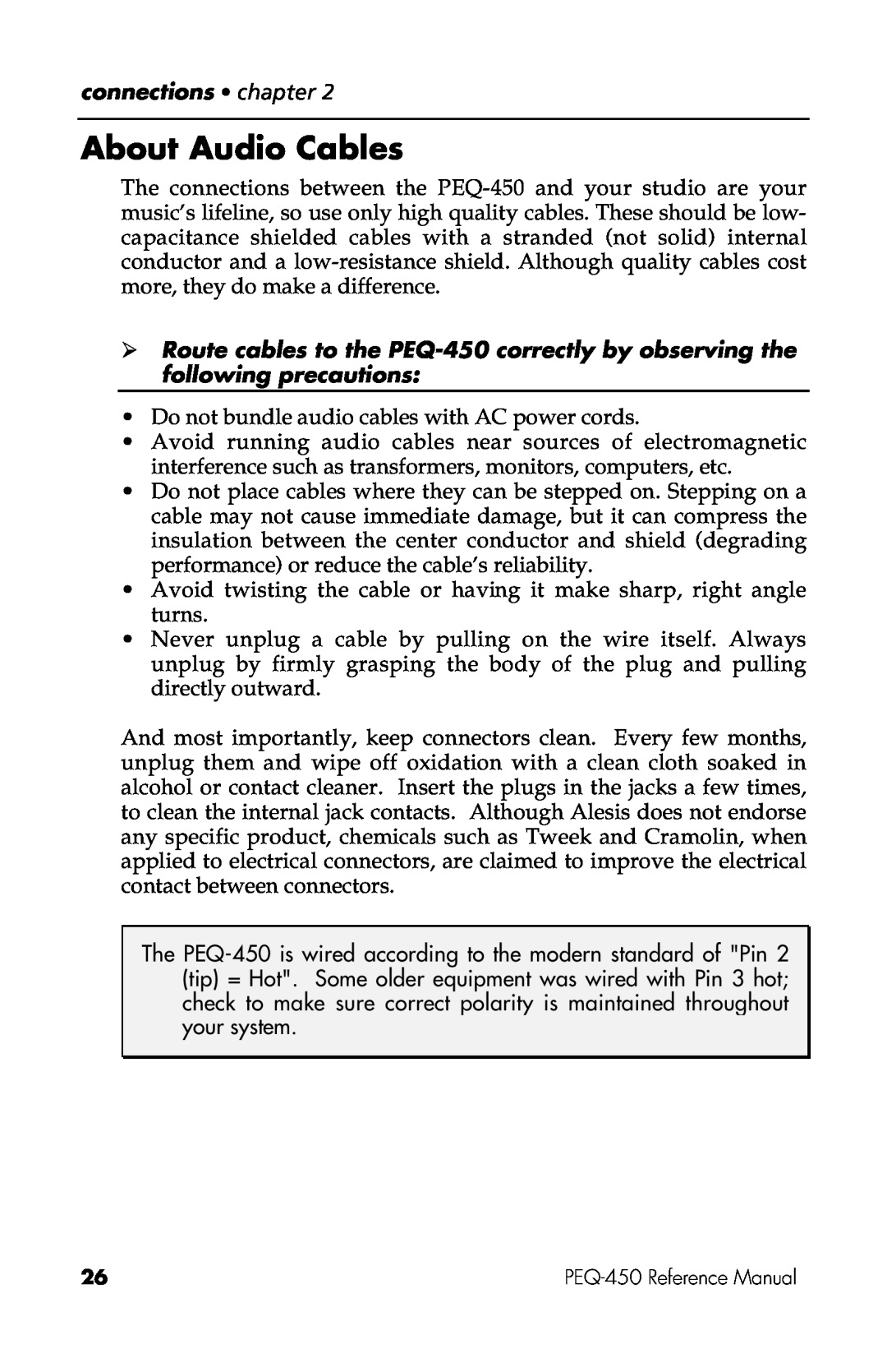 Alesis PEQ-450 manual About Audio Cables, connections chapter 