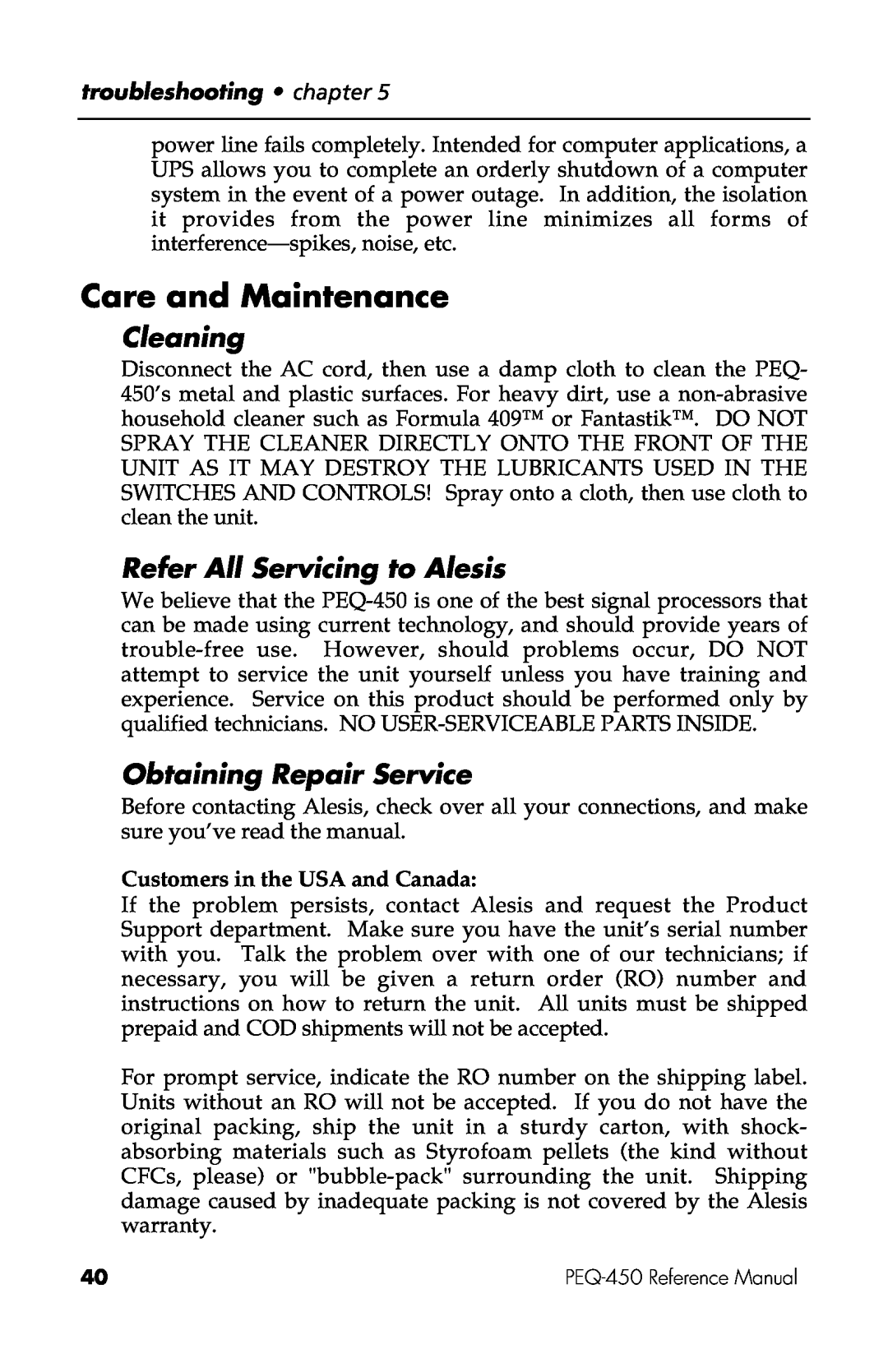 Alesis PEQ-450 manual Care and Maintenance, Cleaning, Refer All Servicing to Alesis, Obtaining Repair Service 