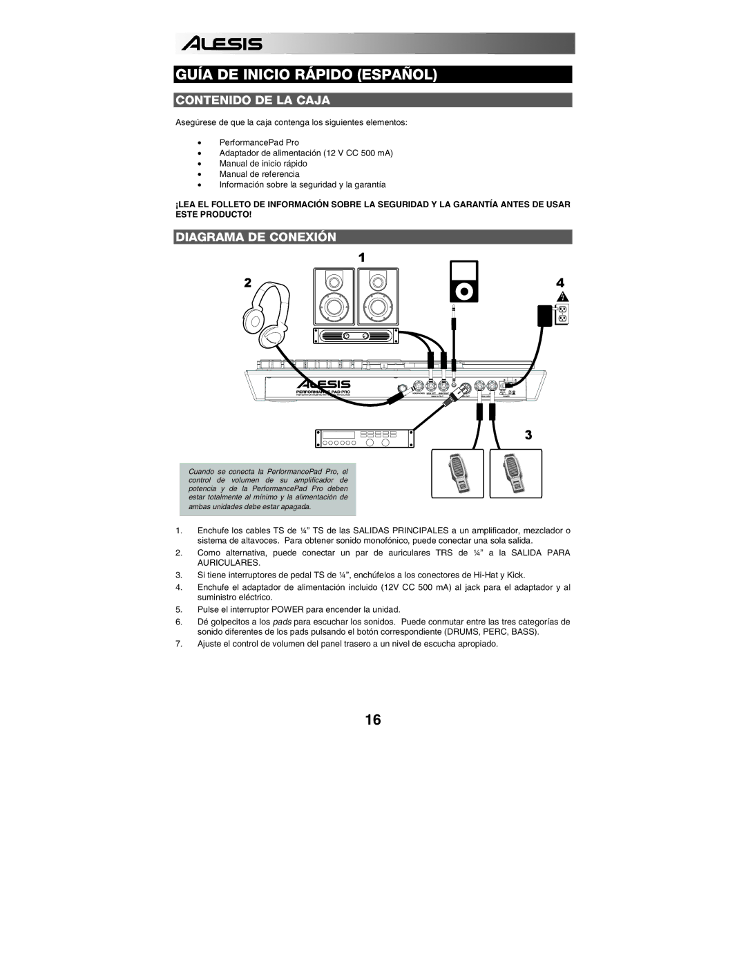 Alesis PERFORMANCE PAD PRO quick start Contenido DE LA Caja, Diagrama DE Conexión 