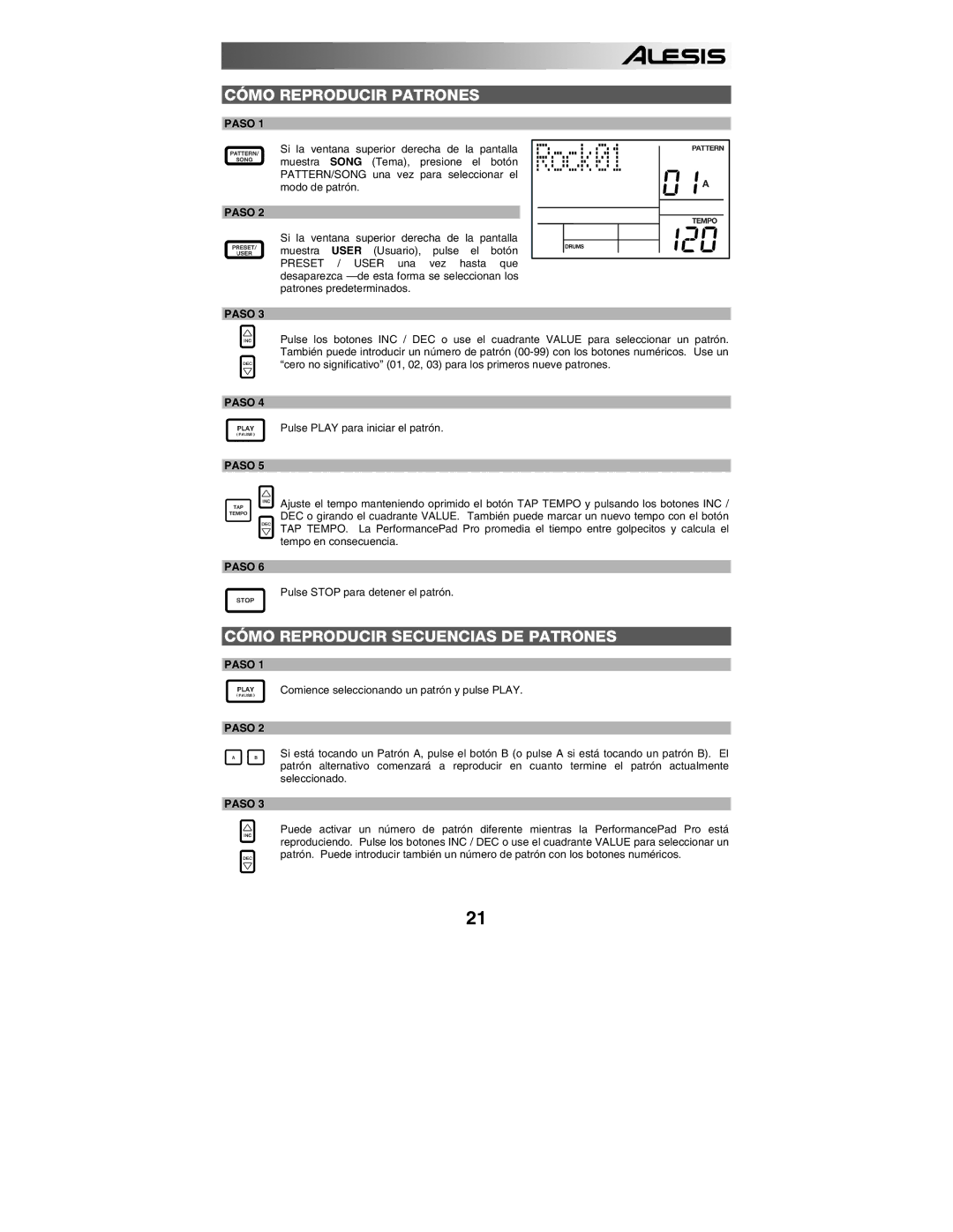 Alesis PERFORMANCE PAD PRO quick start Cómo Reproducir Patrones, Cómo Reproducir Secuencias DE Patrones, Paso 