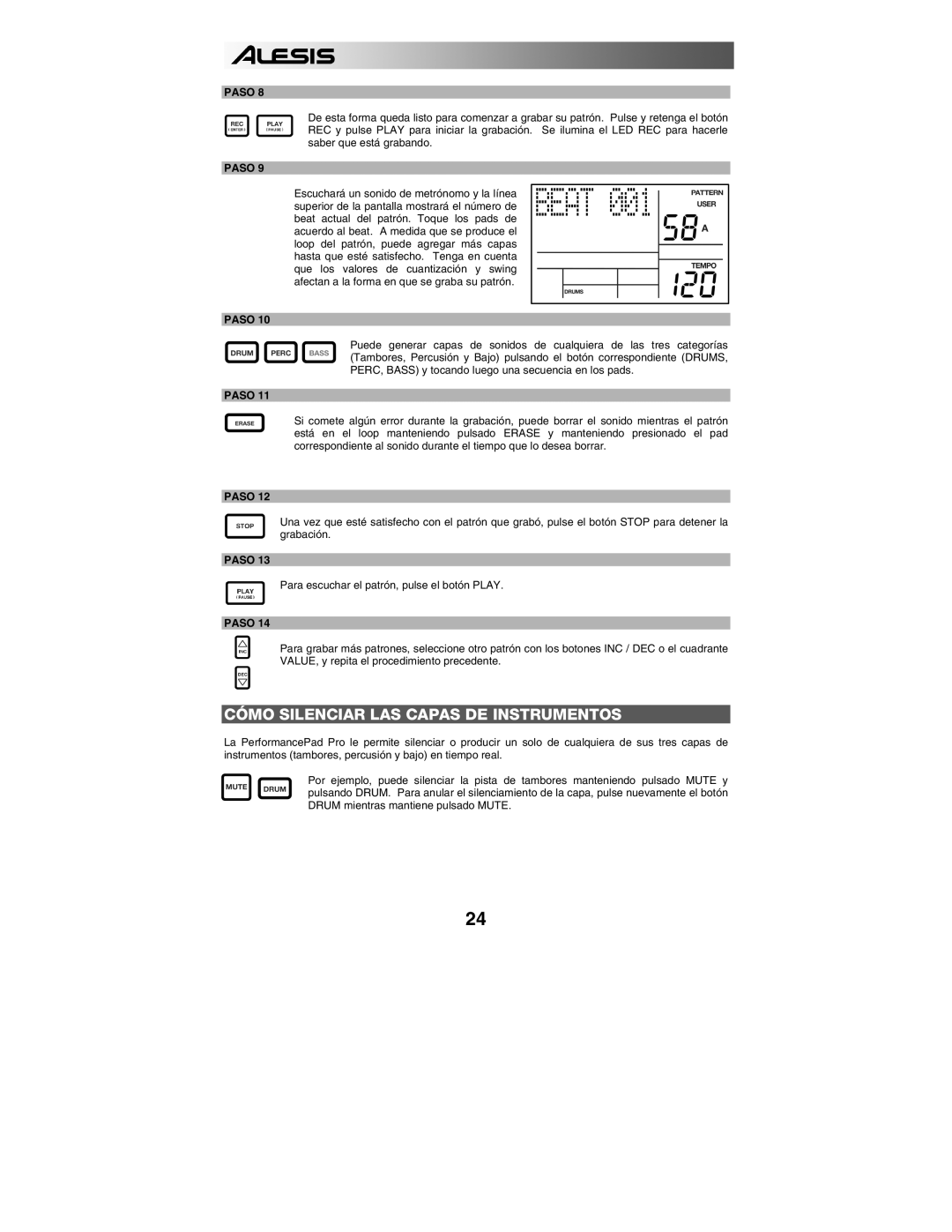 Alesis PERFORMANCE PAD PRO quick start Cómo Silenciar LAS Capas DE Instrumentos 