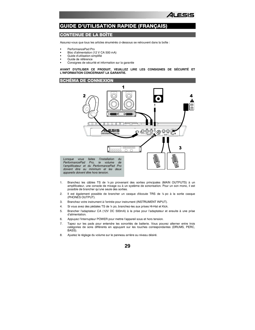 Alesis PERFORMANCE PAD PRO quick start Contenue DE LA Boîte, Schéma DE Connexion 