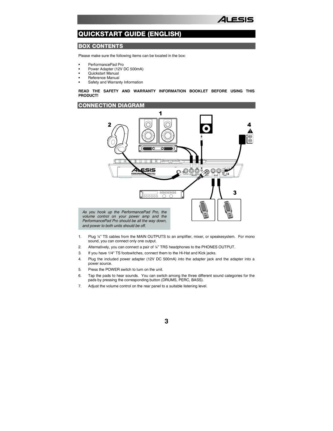 Alesis PERFORMANCE PAD PRO quick start BOX Contents, Connection Diagram 