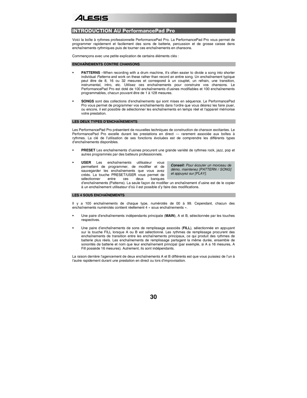 Alesis PERFORMANCE PAD PRO Enchaînements Contre Chansons, LES Deux Types D’ENCHAÎNEMENTS, LES 4 Sous Enchaînements 