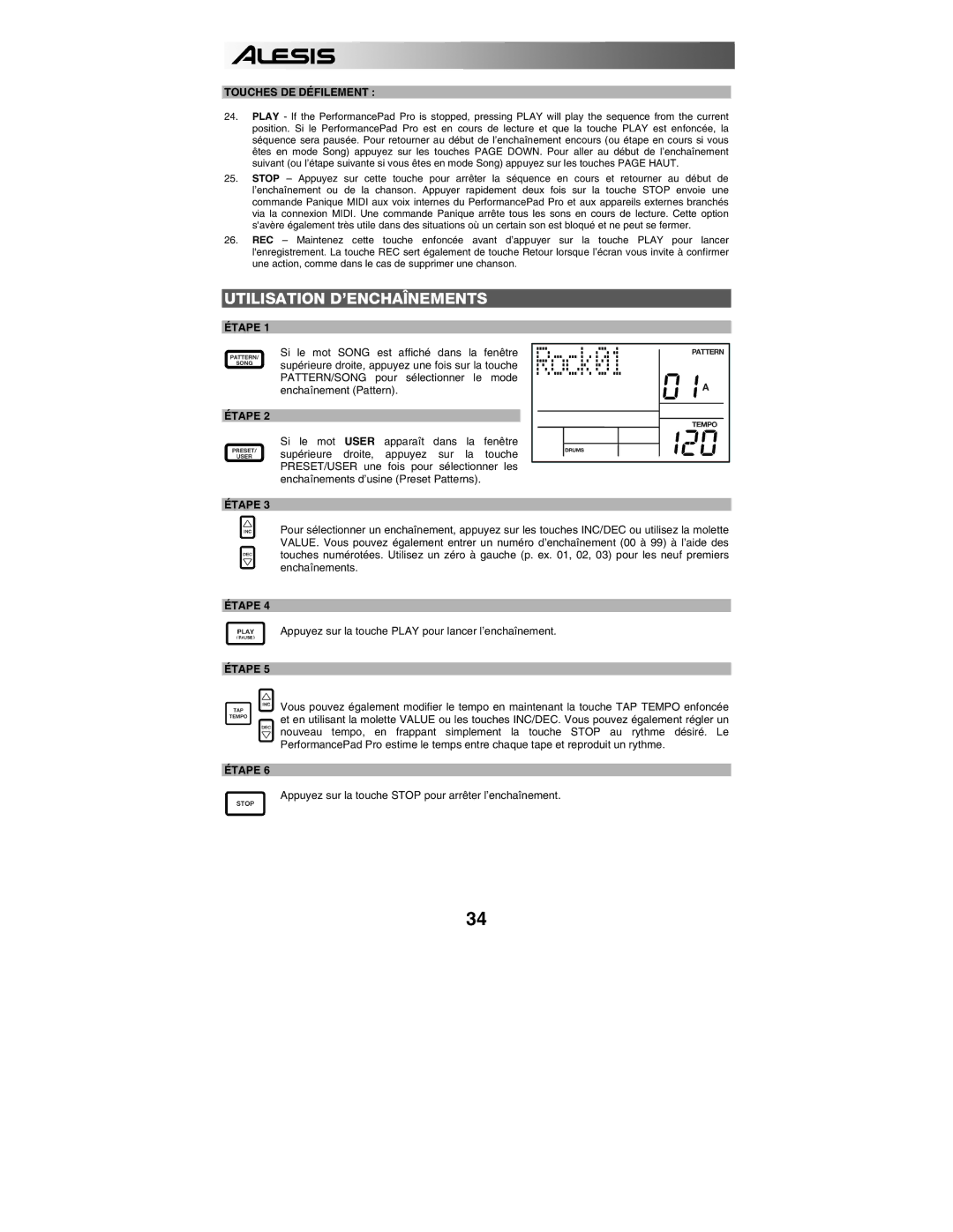Alesis PERFORMANCE PAD PRO quick start Utilisation D’ENCHAÎNEMENTS, Touches DE Défilement, Étape 