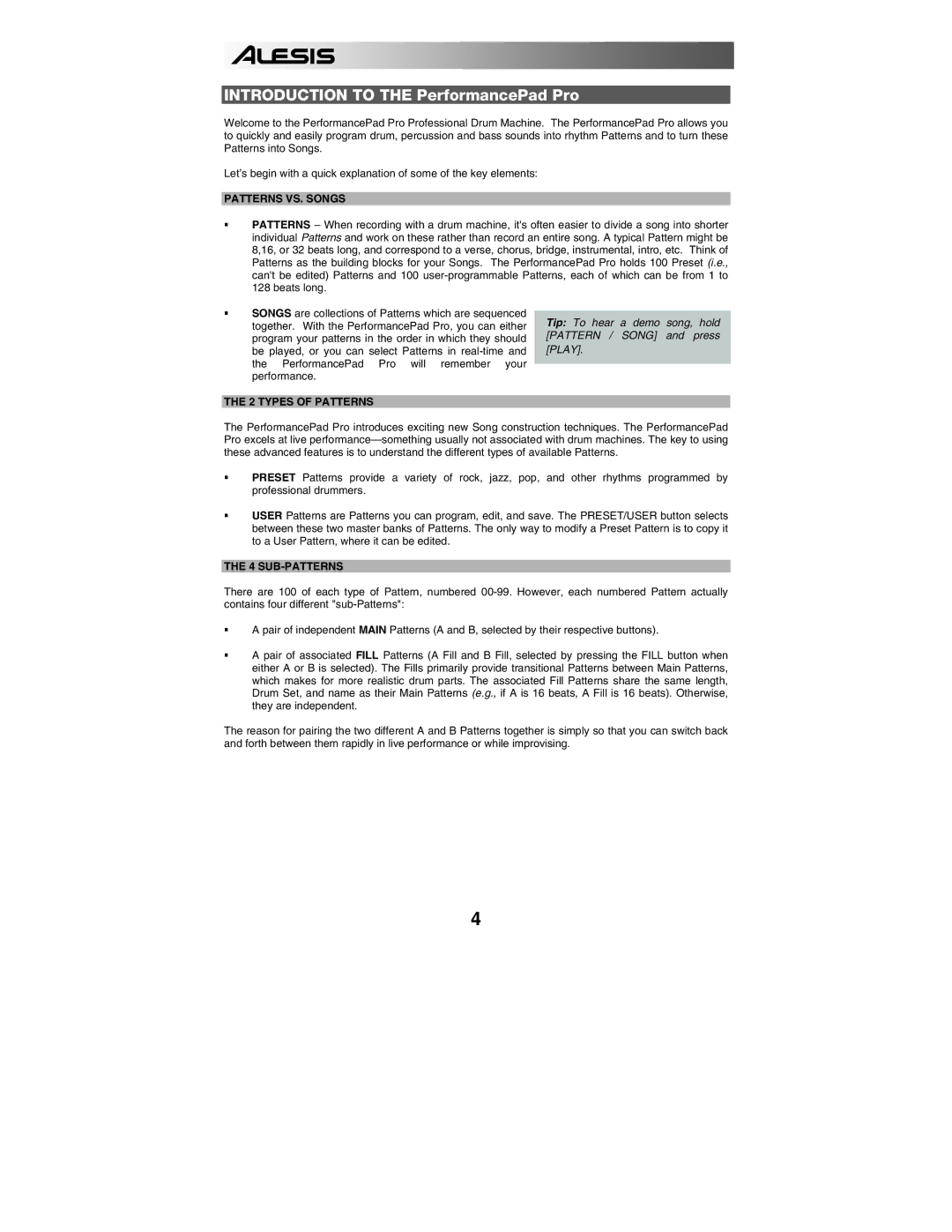 Alesis PERFORMANCE PAD PRO quick start Patterns VS. Songs, Types of Patterns, Sub-Patterns 