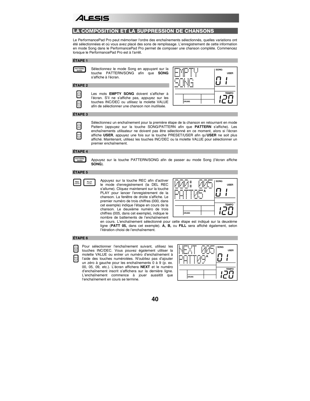 Alesis PERFORMANCE PAD PRO quick start LA Composition ET LA Suppression DE Chansons 