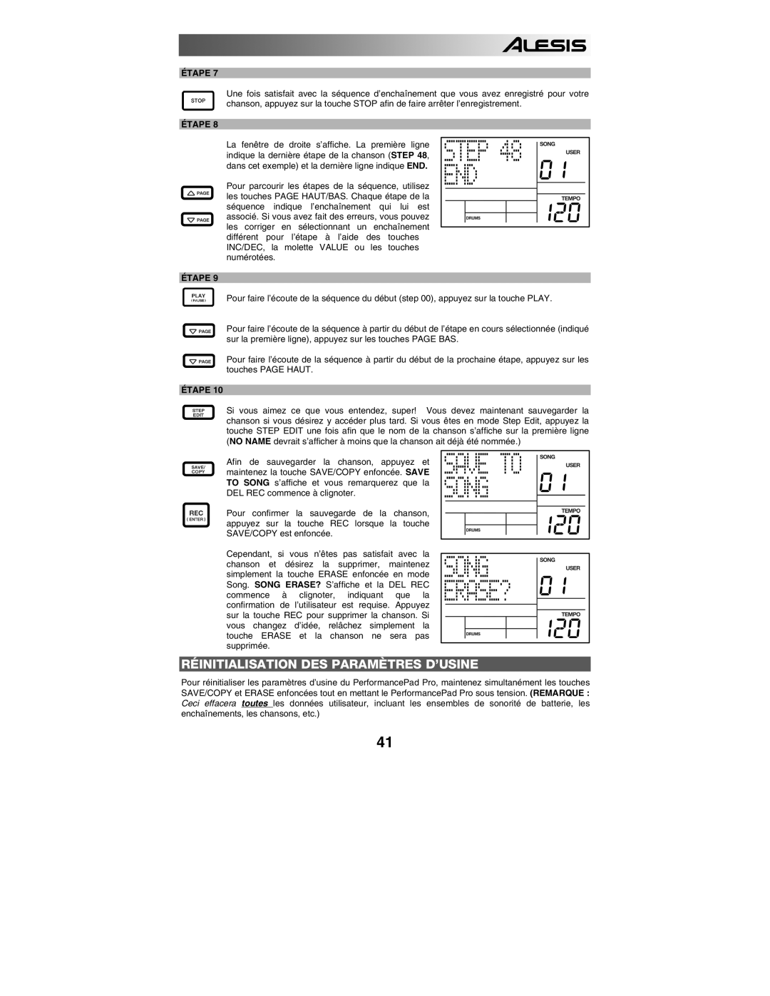 Alesis PERFORMANCE PAD PRO quick start Réinitialisation DES Paramètres D’USINE 