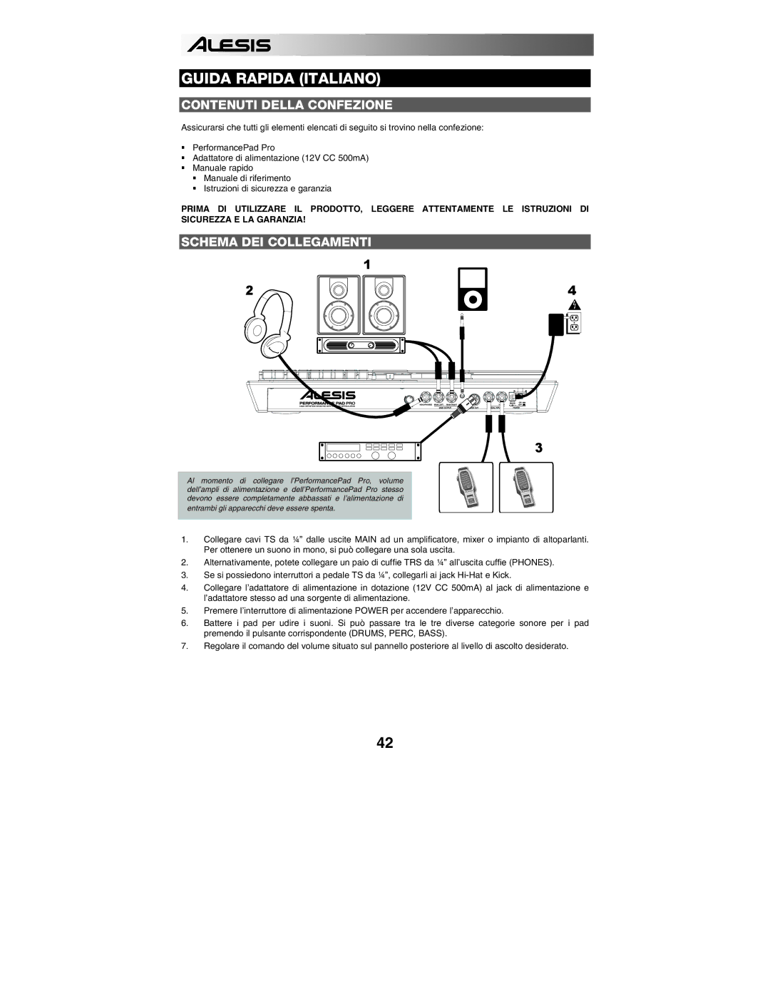 Alesis PERFORMANCE PAD PRO quick start Contenuti Della Confezione, Schema DEI Collegamenti 