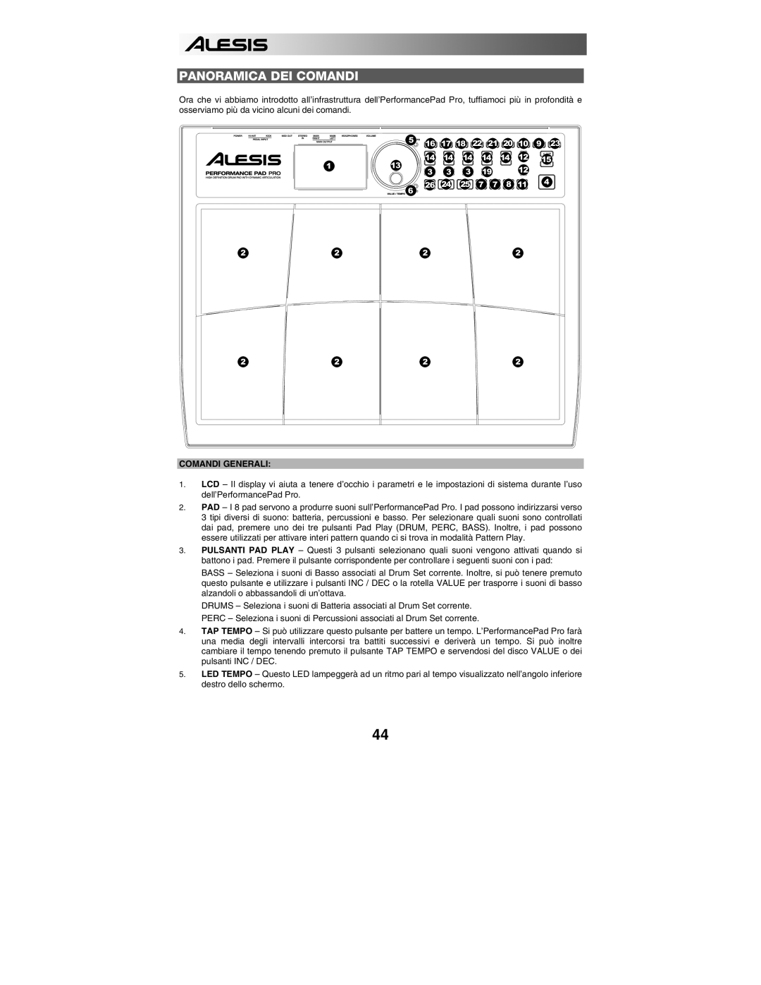 Alesis PERFORMANCE PAD PRO quick start Panoramica DEI Comandi, Comandi Generali 