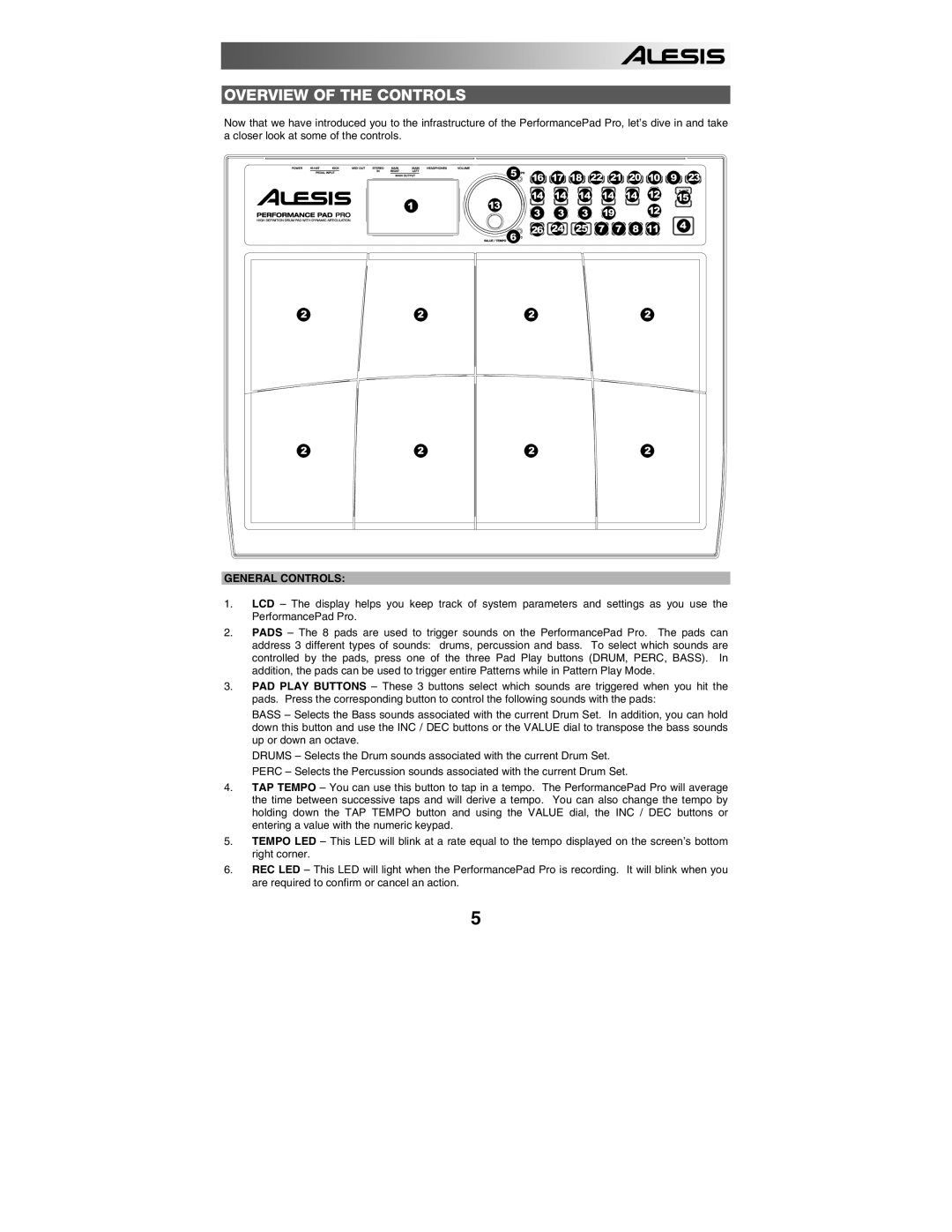 Alesis PERFORMANCE PAD PRO quick start Overview of the Controls, General Controls 