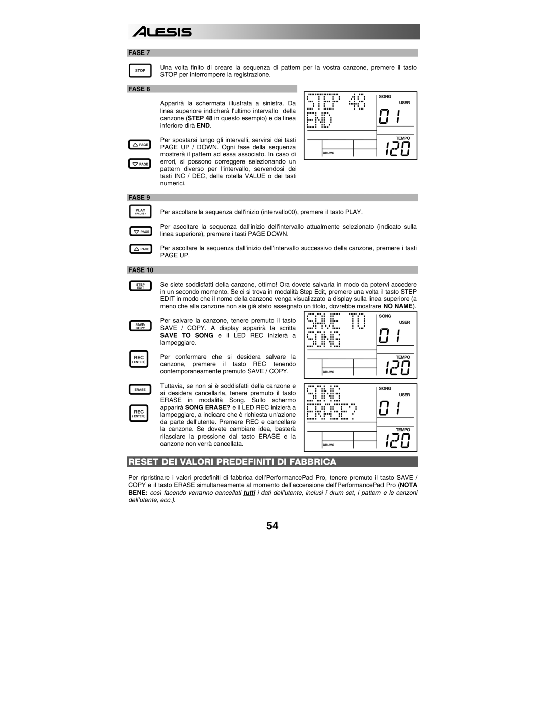 Alesis PERFORMANCE PAD PRO quick start Reset DEI Valori Predefiniti DI Fabbrica 