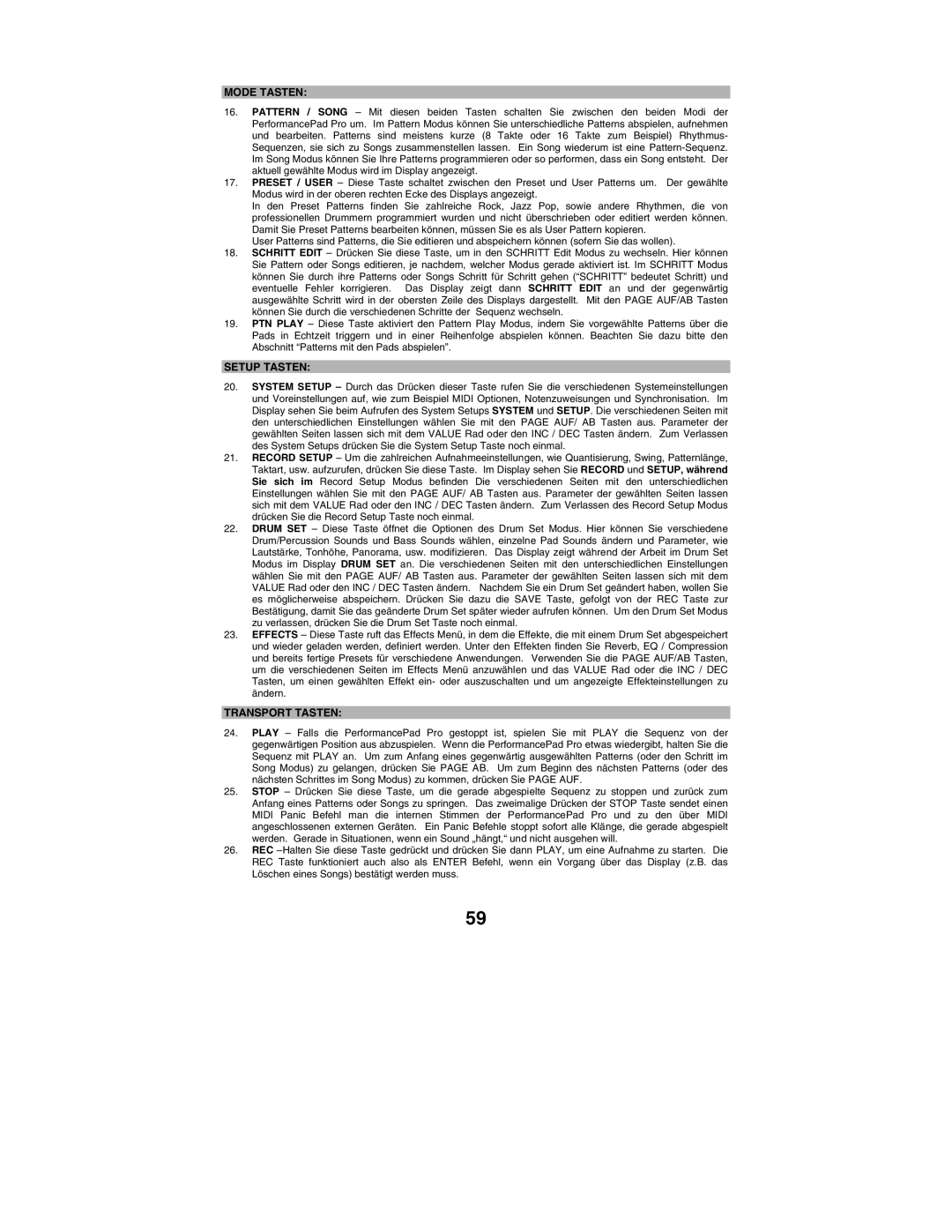 Alesis PERFORMANCE PAD PRO quick start Mode Tasten, Setup Tasten, Transport Tasten 