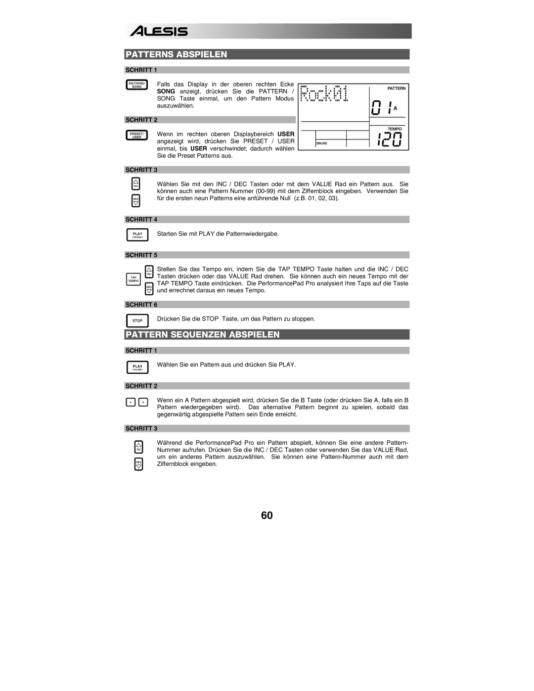 Alesis PERFORMANCE PAD PRO quick start Patterns Abspielen, Pattern Sequenzen Abspielen, Schritt 