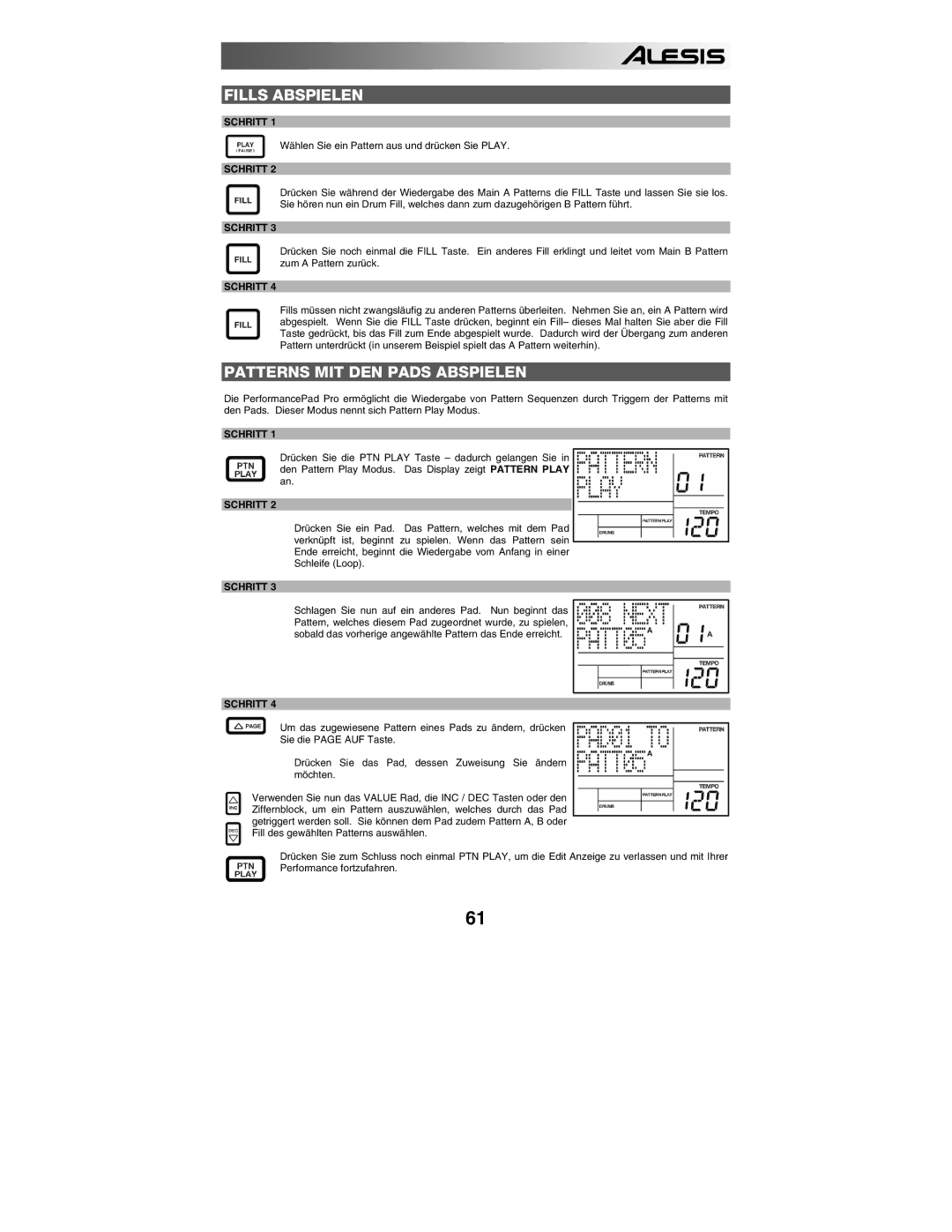 Alesis PERFORMANCE PAD PRO quick start Fills Abspielen, Patterns MIT DEN Pads Abspielen 