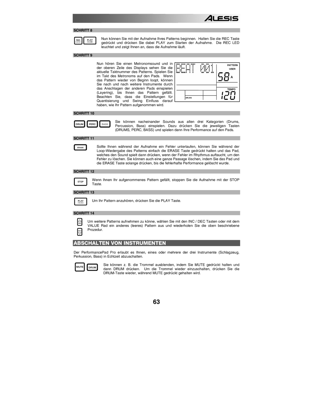 Alesis PERFORMANCE PAD PRO quick start Abschalten VON Instrumenten 